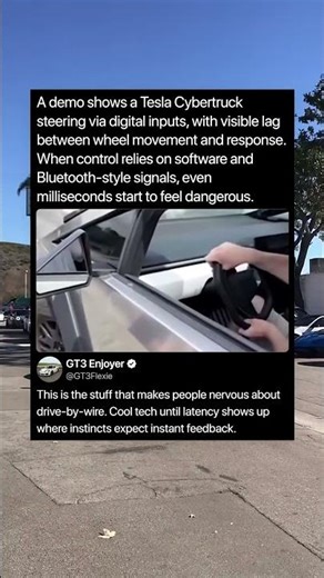 A demo shows a Tesla Cybertruck steering via digital inputs, with visible lag between wheel movement