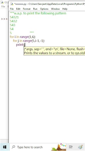 Python program to print a pattern / pattern printing program / python for beginners #shorts