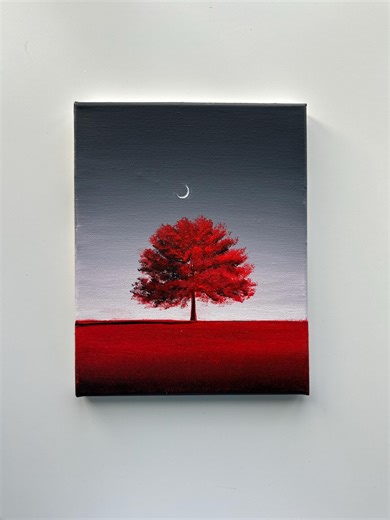 Red Tree Moon Painting, Minimal Landscape Art, Original Acrylic Tree Painting, 8x10 - Etsy
