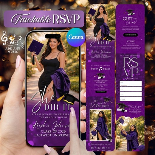 Purple Graduation Graduation Web Invitation, Trackable RSVP, Editable College or Highschool Elegant Grad : Instant Download - Etsy