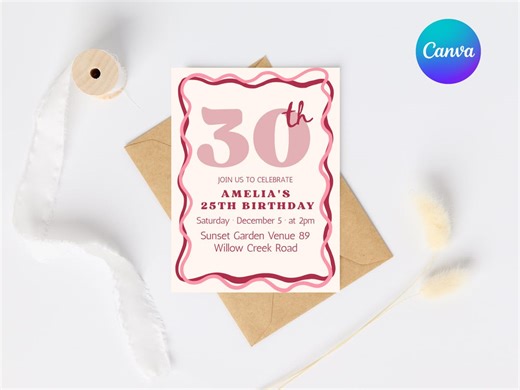 Wavy Border Pink Birthday Party Invitation Template Squiggly Border Invite Curve Birthday Invite Wave Invitation Customise in Canva - Etsy