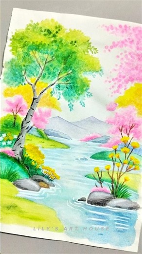 Easy Watercolor Landscape Painting | Spring Nature Scenery Tutorial | Beautiful River & Blossom Art
