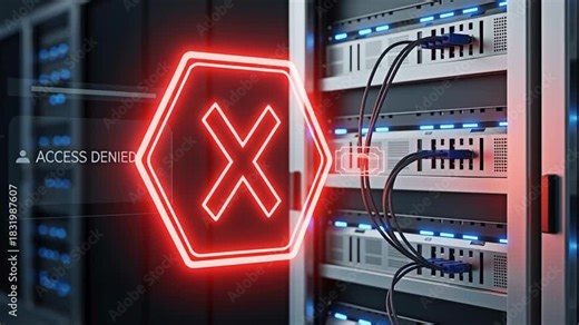 Network server room showing access denied error sign, symbolizing internet and technology security issues.