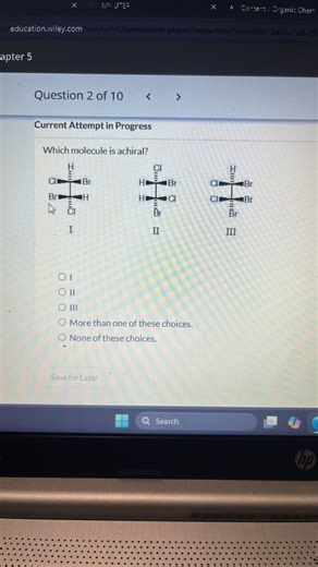 Which molecule is achiral?  [Diagrams of three molecules labele... | Filo