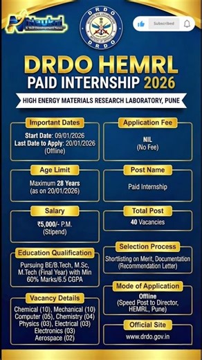 ​🚀 DRDO HEMRL Paid Internship 2026 | Eligibility & How to Apply! #shorts #drdo #internship2026