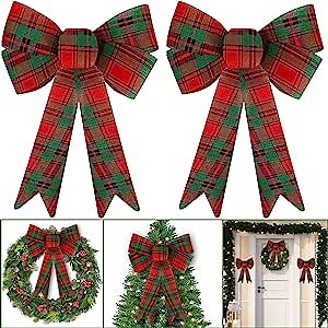 TURNMEON 2 Pack Christmas Bows Decorations 12 x 18 Large Christmas Buffalo Plaid Bows for Wreath Garland Christmas Tree Topper Ornaments Outdoor Indoor Christmas Decorations Home Party (Red Green)