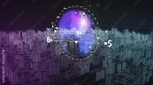 Futuristic Smart City Digital Metaverse with Internet Symbols in Neon Blue Violet Colors