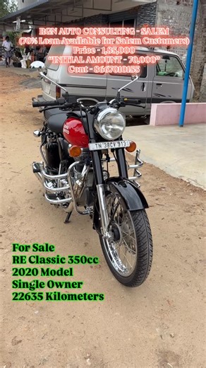 RGN AUTO CONSULTING on Instagram: "For sale “INITIAL AMOUNT - 70,000” ROYAL ENFIELD CLASSIC 350cc bs6 Reddish Red * Single owner * 2020 Model * Dual Channel ABS * Coimbatore registration number ( TN 38 CV 9131 ) * 1 year Insurance current upto January 2026 * Front tyre 95%, Rear tyre 80% * 22635 kms only runned ( company service record ) * Full service done in 22600 on ( 30-12-2025 ) [ Engine oil,Oil filter,Air filter,Break pads, Break shoe and Wheel rubber ] * No need to spend single rupees for