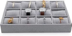 Jewelry Watch Tray, Grey Velvet Watch Jewelry Organizer 12 Grid, Stackable Watch Bracelet Bangle Display Holder, Adjustable Pillows, for Man Woman Show Birthday