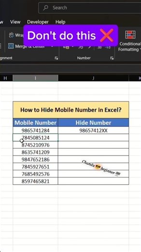 How to hide mobile 📱 number in Excel format #computer Best knowledge of excel formulas and tricks 💯✅