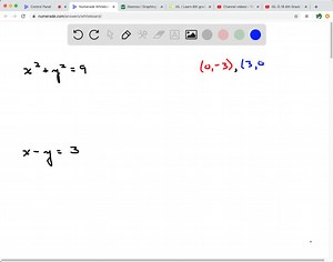 SOLVED:graph both equations in the same rectangular coordinate system and find all points of intersection. Then show that these ordered pairs satisfy the equations.     x^2 y^2=9    x-y=3