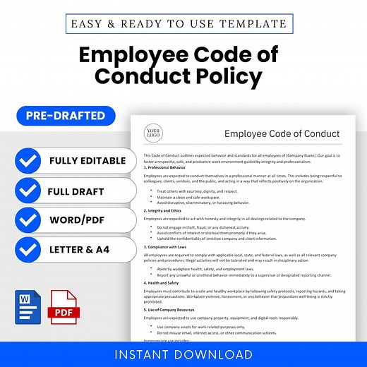 Employee Code of Conduct Policy Template (word, PDF) | Simple Human Resources HR Template, Small Business Policy Document, Printable - Etsy