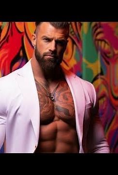 Muscle Bearded Handsome Bodybuilder STUD Model Aesthetic stylish sexy attractive men's white suit(2)