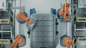 Top View of Automated Production Line with Robotic Arms. EV Battery Pack for Automotive Industry Assembly. Electric Car Smart Factory. Manufacturing Line Equipped with Robot Arms