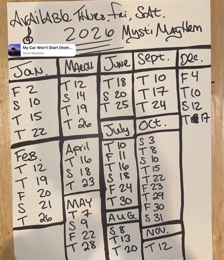 Went over the calendar this evening and these are my available Thursdays, Fridays, and Saturdays for 2026! Thank you for listening, sharing my videos, subscribing to me on Patreon and joining my mailing list as well as listening to me on places like Spotify xox - Mysti Mayhem￼ | Mysti Mayhem