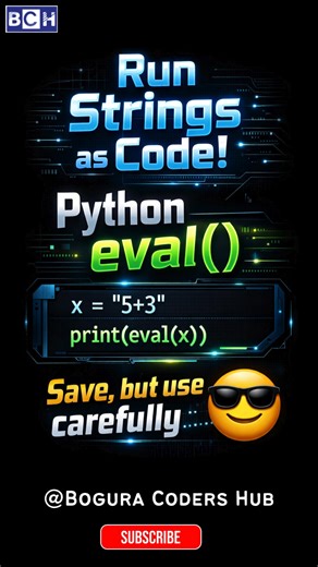 💻 Python eval() Explained! Run Strings as Code Safely 😎 | The eval() function lets you execute Ever wondered how to run Python code stored as strings? 🤔 The eval() function lets you execute expressions instantly! ⚡ Learn how it works with a simple example and why you must use it carefully. Code Example: x = "5 3" print(eval(x)) 🔥 Save this tip for smarter Python coding! #boguracodershub #PythonTips #PythonShorts #PythonProgramming #CodeSmart #LearnPython #ProgrammingTricks #PythonEval #TechS