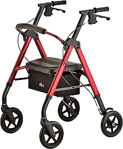 NOVA Medical Products Star DX Rollator Walker with Wide Padded Seat, 8” Wheels, Fold Lock Feature, Rolling Walker with Adjustable Seat Height & 350 lb Weight Capacity, Red