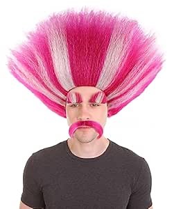 HPO King Troll Wig with Eyebrows and Mustache | Pink with White Stripes Wigs for Teen and Adult Sizes | Halloween Troll Cosplay and Themed Party Wig