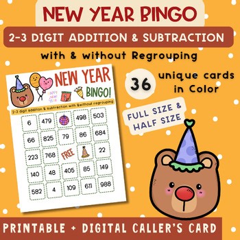 New Year Bingo Game : 2–3 Digit Addition & Subtraction with & without Regrouping
