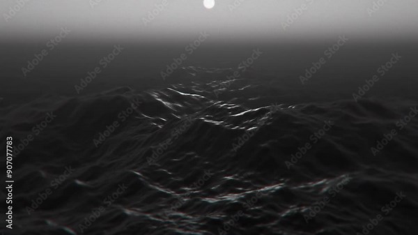 3D render animation of calm waves in the open ocean with the moon in the background reflecting in the water. Black tide in dark night sea. Point of view from a ship or boat in the middle of the ocean.
