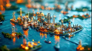 Offshore industrial platform for oil and gas production in the ocean underwater, concept of oil production and oil refining