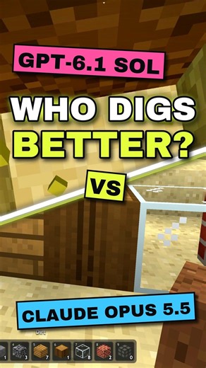 Claude Opus 5.5 vs GPT-6.1 Sol: Mining and Building in Their Minecraft Worlds