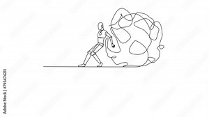 Self drawing animation of single continuous line drawing robot pushes a tangled circle giant down from the edge of cliff. Drop excess anxiety. Future technology development. Full length animated.
