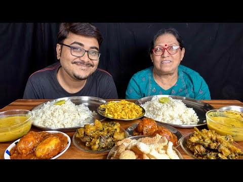 Eating Show - Rice, Spicy Masala Egg Curry, Pui Saag, Ucche Muger Dal, Aloo Bhaja, Papad | Mukbang