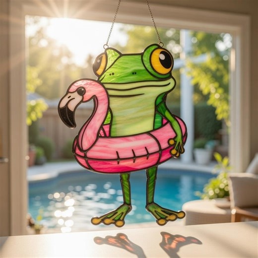 Tropical Frog Flamingo Pool Float Window Suncatcher for Summer Decor: Acrylic Stained Glass Style Hanging Decoration - Etsy
