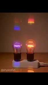 Vintage Bulb Spectra: emission line spectra identify the gas within these two vintage discharge glow bulbs- revealed here by a 500 line/mm diffraction grating. The color of each gas is due to a mix of the colors emitted from electron energy transitions specific to each element, the basis of spectroscopy. ➡️ Follow the link in my profile for info on where to get a diffraction grating slide and many other amazing items featured here on @physicsfun #physics #physicstoy #physicsfun #neon #argon #emi