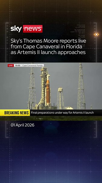 The launch of Artemis II is less than two and a half hours away, as crews are making their final preparations ahead of the historic launch. Sky's Thomas Moore reports live from Cape Canaveral in Florida. #SkyNews #ArtemisII #moon #spacelaunch