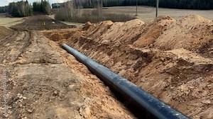 Natural Gas Pipeline Construction site. Transmission in pipe to LNG plant (shipped by LPG tanker). Building of transit petrochemical pipe in field. Transports crude oil, natural gas, refined petroleum