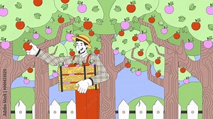 Farmer man harvesting apples in orchard cartoon animation. Agriculture activity outdoor 4K video motion graphic. European countryman picking ripe fruits 2D animated character on garden background