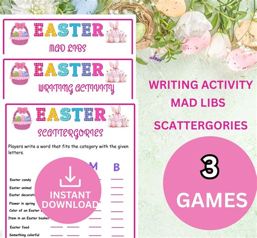 Easter Games Printable | Creative Writing Prompts, Mad Libs & Scattergories | Easter Party Activity | Spring Family Game Night