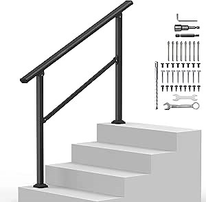 Outdoor Handrails for 3-4 Steps, Stair Railing Kit for Concrete & Porch Steps, Adjustable Black Iron Hand Rail for Seniors, Easy Installation, Retro Arch Design