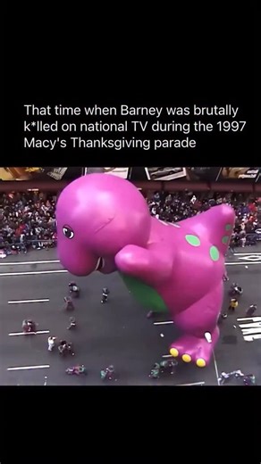people after anesthesia on Instagram: "The 1997 Macy’s Thanksgiving Day Parade gave Barney one of the most infamous moments in parade history, when powerful winds slammed the giant purple dinosaur balloon into a lamppost, tearing it open and forcing handlers to bring it down in the middle of the street. As the fabric ripped and the balloon deflated, police and parade volunteers had to pile on top of it to stop it from blowing away, shocking the crowd and instantly turning the collapse into a leg