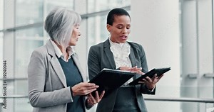 Business people, finance and women with tablet, internet or conversation in modern office. Employees, economy analyst or accounting with tech, connection or communication with digital app or feedback