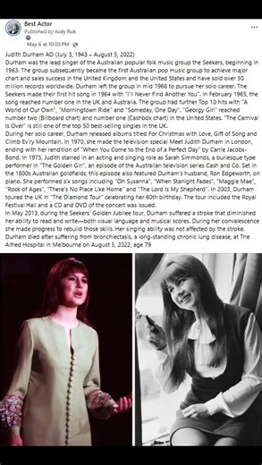 Judith Durham AO (July 3, 1943 – August 5, 2022) | Best Actor