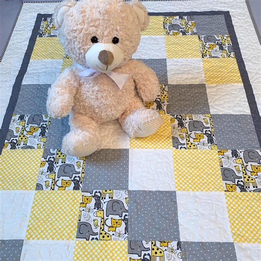 Handmade Baby Quilt With Elephants: Yellow, Gray, White, Gender Neutral, 34" X 43" - Etsy