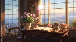 Beautiful view in front of the window in the morning with a cool breeze. Smooth and repeatable animations