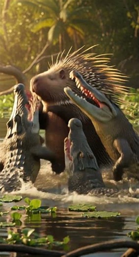 Quills Ahoy Porcupine vs The Swamp King🐊🦔가시 출항 호저 대 늪의 왕🐊🦔クイル出航 ヤマアラシ対沼の王🐊🦔 #WILDLIFE #porcupines