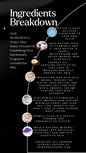 ✨ The Alchemist’s Grimoire: What Makes Our Lotion Magical? ✨ Let’s talk about what separates true alchemy from mass production. Mass-produced lotions pad their formulas with synthetic thickeners, petroleum derivatives, and chemical emollients. We choose a different path. Every ingredient in our small-batch lotions has a purpose: water for hydration, shea butter for nourishment, niacinamide for transformation, coconut oil for silky smoothness. Even our color comes from natural mica minerals, not 