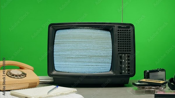 Retro Style TV Set with Green Screen chroma key background, vintage 60s analog television with grain and noise.