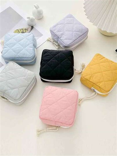 1pc Square Mini Makeup Bag, Quilted Plaid Padding, Soft & Fluffy Pouch, Small Cosmetic Bag, Sanitary Pad/Jewelry Storage Pouch, Key Holder, Coin Purse, Portable Travel Organizer, Multi-Purpose Daily Essentials Organizer | SHEIN