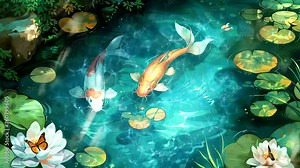 Garden pond with koi fish. Fantasy landscape anime or cartoon style, looping 4k video animation background