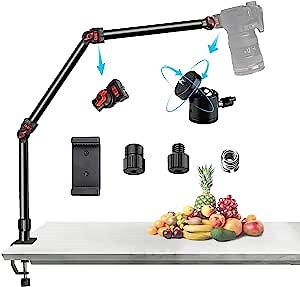 Overhead Camera Mount Desk Stand,Adjustable 3-Section Camera Desk Mount with 1/4“ 3/8" 5/8" Screws,C-clamp Tabletop Mount for Camera, Microphone, Phone, Webcam. Camera Mounts and Supports