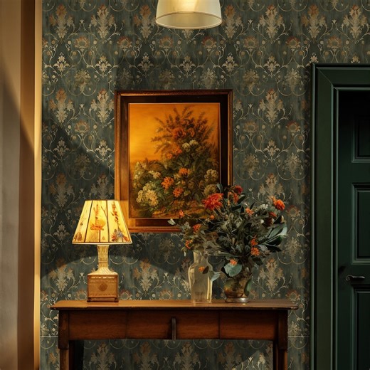 Sage Green Damask Removable Wallpaper: Vintage Farmhouse Mural - Etsy