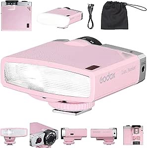 Godox Lux Junior Retro Camera Flash with Diffuser, Speedlite GN12 6000K±200K CCT, Automatic and Manual Modes 1/1-1/64 Flash Power, 28mm Focal Length for Canon Nikon Sony Fuji Olympus Cameras - Pink