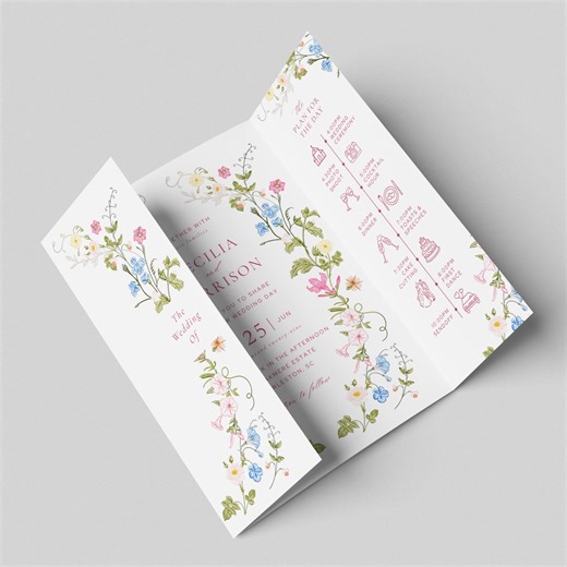 Floral Gatefold Wedding Invitation | Pastel Wildflower Invite Suite | Boho Spring Garden Trifold Wedding Card | Printable Template | C47 - Etsy UK