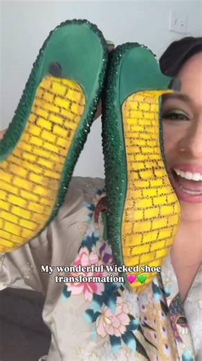 Bree Copley| Watercolor Artist on Instagram: "I took these thrifted shoes and turned them into a wonderful wicked work of art! 🩷💚Did you catch the label on the inside of the shoe! 👀 it was meant to be! #wonderful #wickedforgood #shoeart"